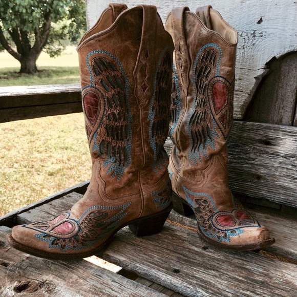 Womens Dark Brown Heart Wings Overlay Design Leather Cowboy Boots Snip Toe